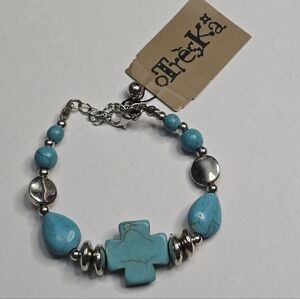 Treska Turquoise Cross Bracelet with Silver Accents‎ Boho Jewelry New